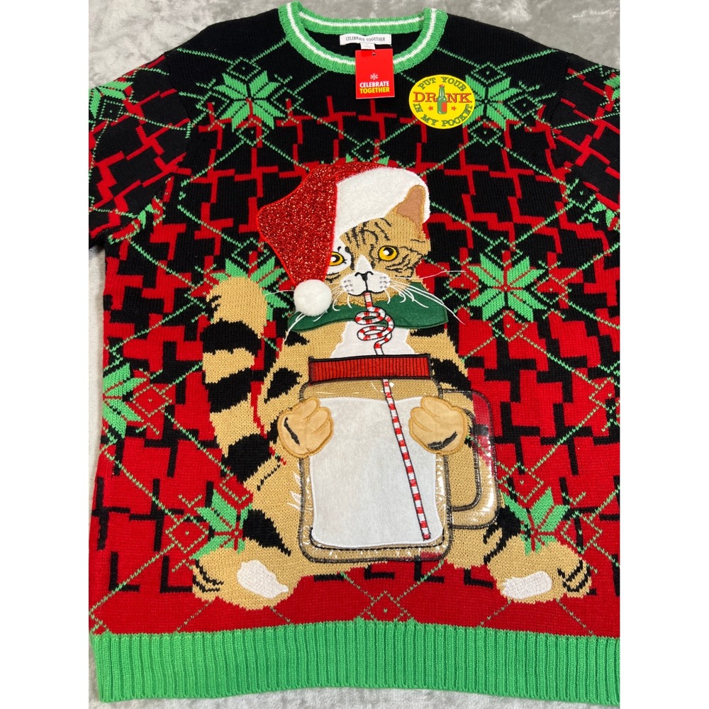 Celebrate Together Christmas Cat Ugly Sweater Red Green Mens Large Drink Pocket